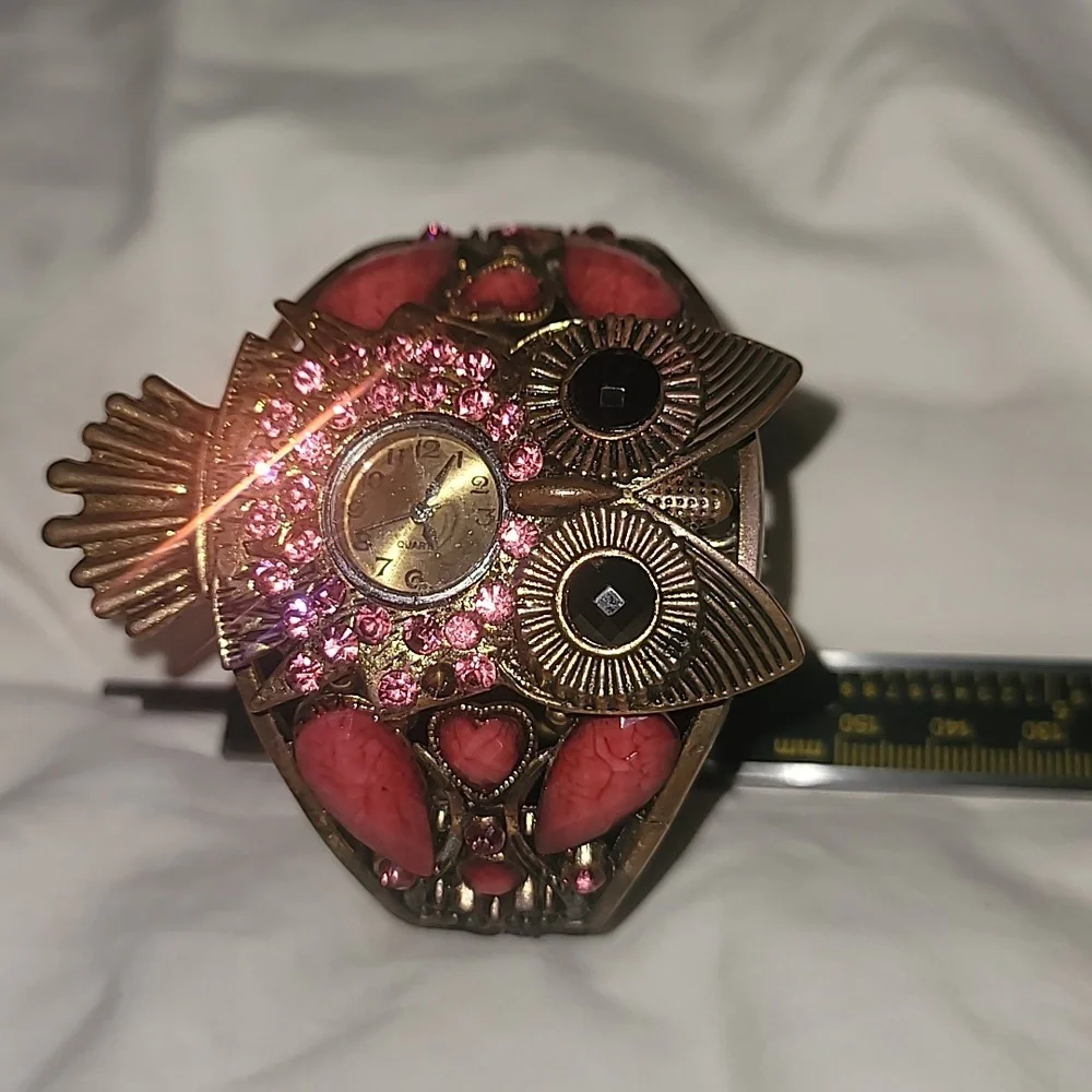 Pink Crystal‎ Owl Bangle Hinged Clamp Watch Bird Raptor Owl Pink Bronze Black